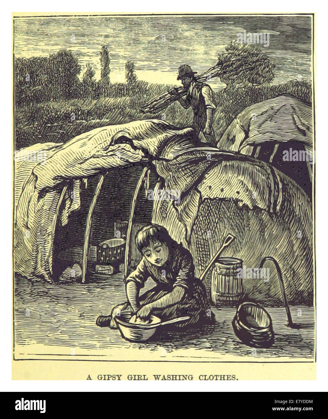 Questa illustrazione del 1880 di Smith raffigura una ragazza zingara che lava vestiti, offrendo un ritratto culturale della vita e dei costumi dei rom alla fine del XIX secolo. Foto Stock