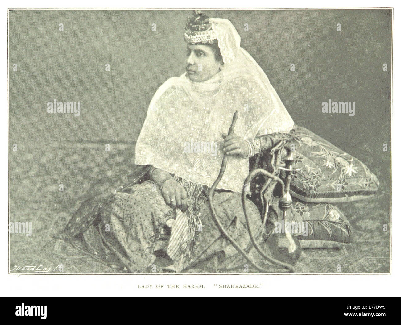 Questa illustrazione del 1895 di Spry raffigura una signora dell'harem, che mostra elementi culturali e abbigliamento di donne provenienti da specifici periodi storici in Medio Oriente o Nord Africa, offrendo una visione della vita dell'harem. Foto Stock