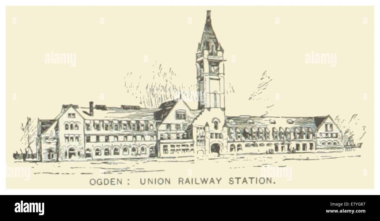 La Union Railway Station di Ogden, raffigurata in US-UT (1891) p836, fu un importante nodo di trasporto durante la fine del XIX secolo. L'illustrazione e la mappa riflettono il design architettonico della stazione e la sua importanza nel collegare le ferrovie regionali. Foto Stock