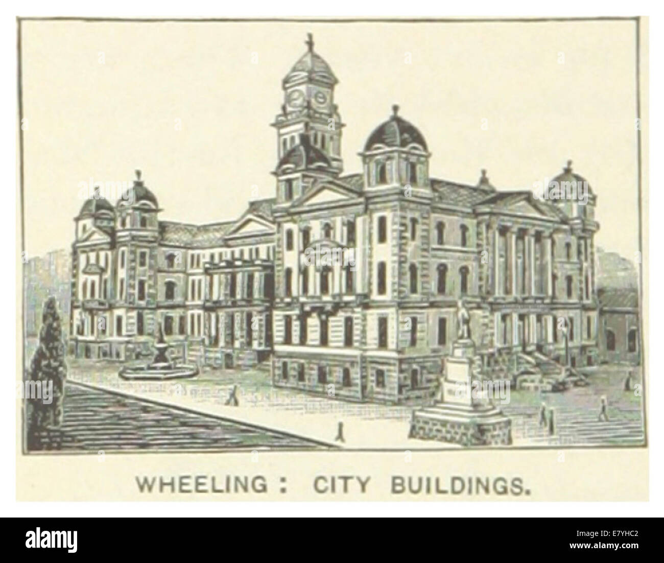 Pagina 886 dalla pubblicazione US-WV del 1891, con uno schizzo del City Building a Wheeling, West Virginia, che mostra il suo design architettonico. Foto Stock
