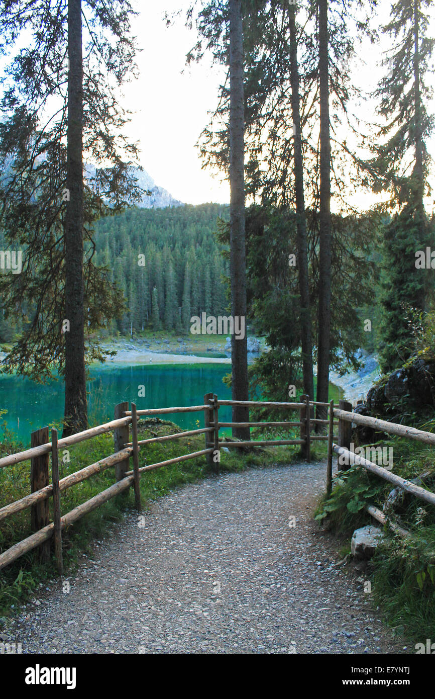 Il percorso a piedi per il lago di Carezza, Bolzano, Trentino-Alto Adige Sudtirol, Italia. Foto Stock