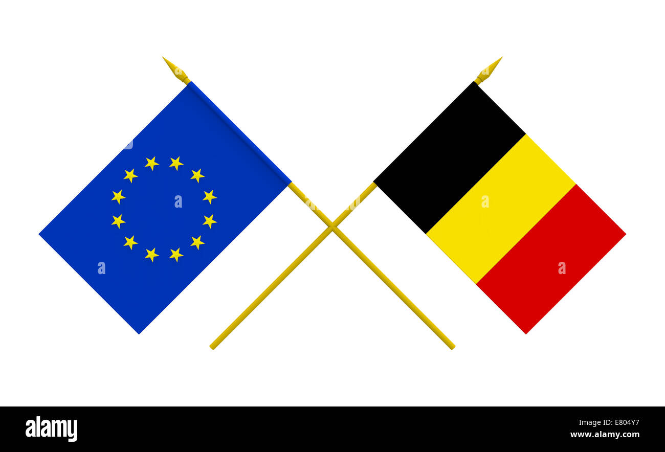 Bandiere di Belgio e Unione europea, 3d rendering, isolato su bianco Foto Stock