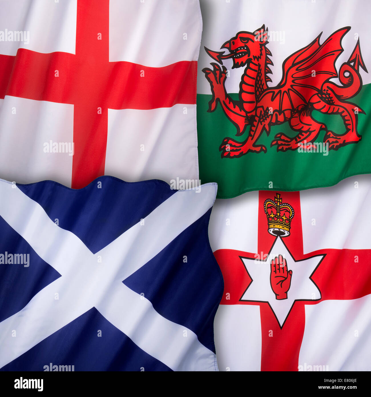 Bandiere del Regno Unito di Gran Bretagna - Inghilterra, Scozia, Galles e Irlanda del Nord Foto Stock