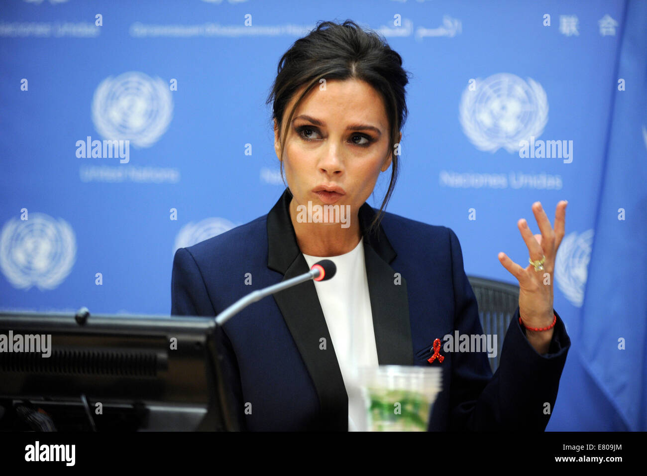 L UNAIDS international Ambasciatrice di buona volontà, British fashion designer Victoria Beckham partecipa a una conferenza stampa sulla branca del sessantanovesima sessione dell' Assemblea generale delle Nazioni Unite presso le Nazioni Unite a New York il 25 settembre 2014/picture alliance Foto Stock