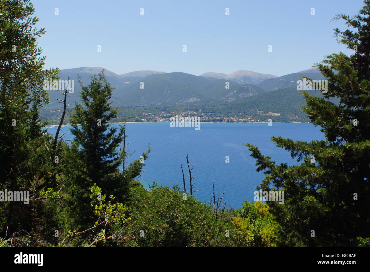 Incredibile vista attraverso gli alberi, guardando oltre il mare, montagne, il paesaggio Foto Stock