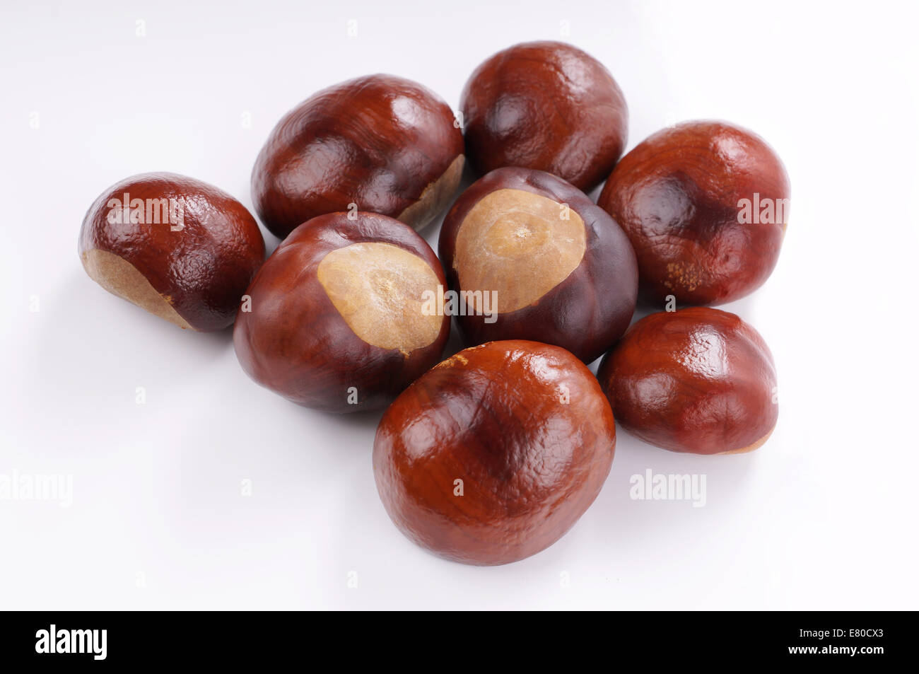Gruppo di castagne su bianco Foto Stock