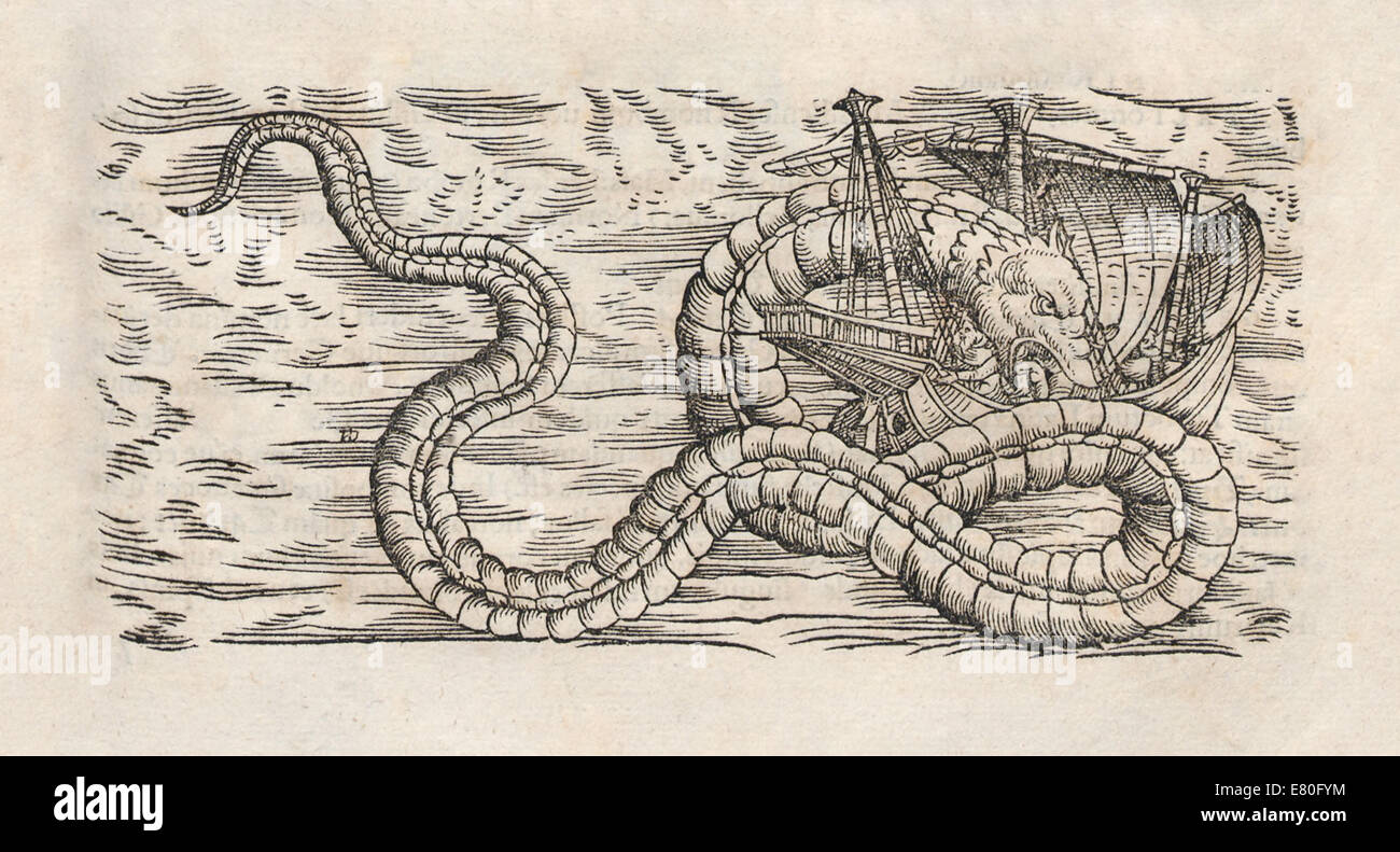 Illustrazione del serpente marino attaccano una nave da "Historia animalium' da Conrad Gessner (1516-1565) dopo Olaus Magnus (1490-1557), vedi immagine E7KKEG per la versione originale. Vedere la descrizione per maggiori informazioni. Foto Stock