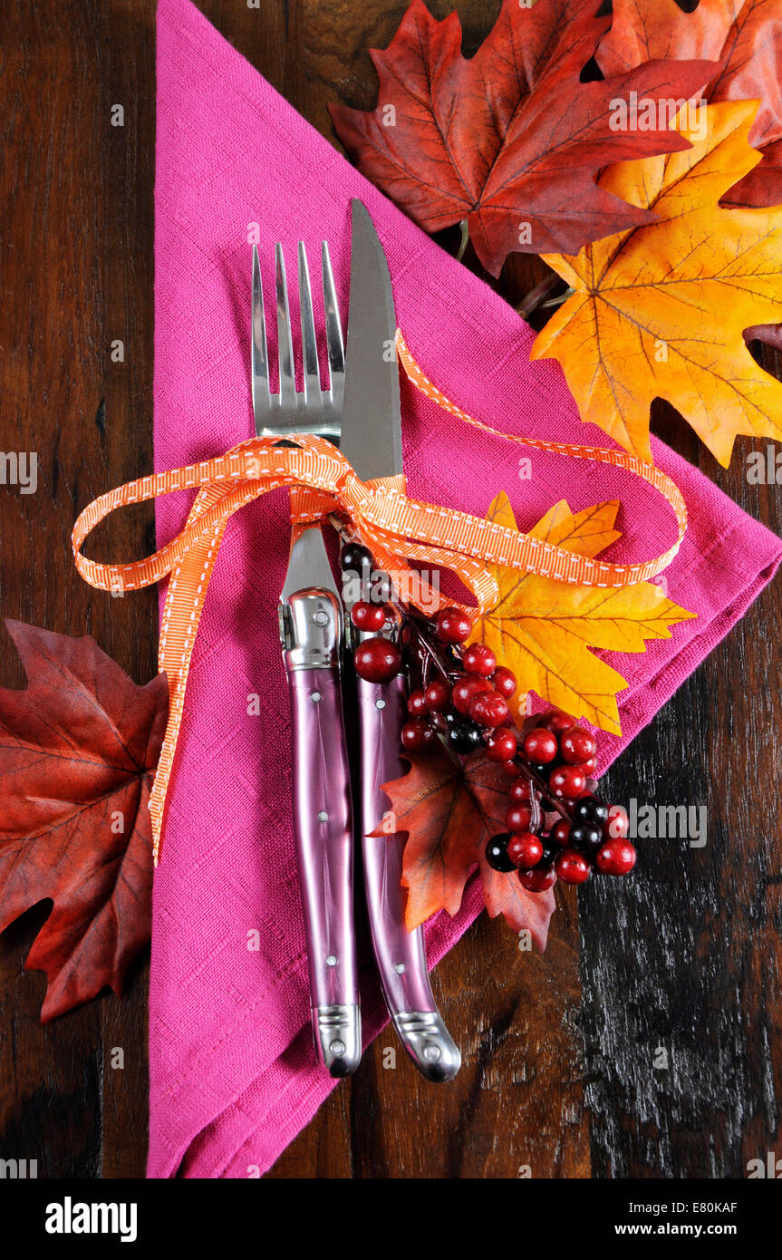 Luminoso e colorato di rosa, arancione e nero moderno di ringraziamento o di Halloween autumn fall luogo impostazione su legno riciclato tabella Foto Stock