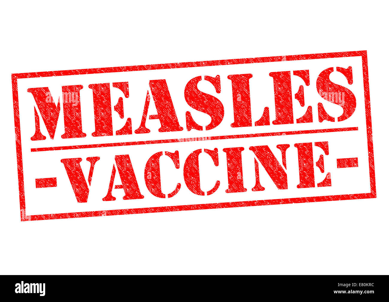 Il vaccino del morbillo rosso timbro di gomma su uno sfondo bianco. Foto Stock