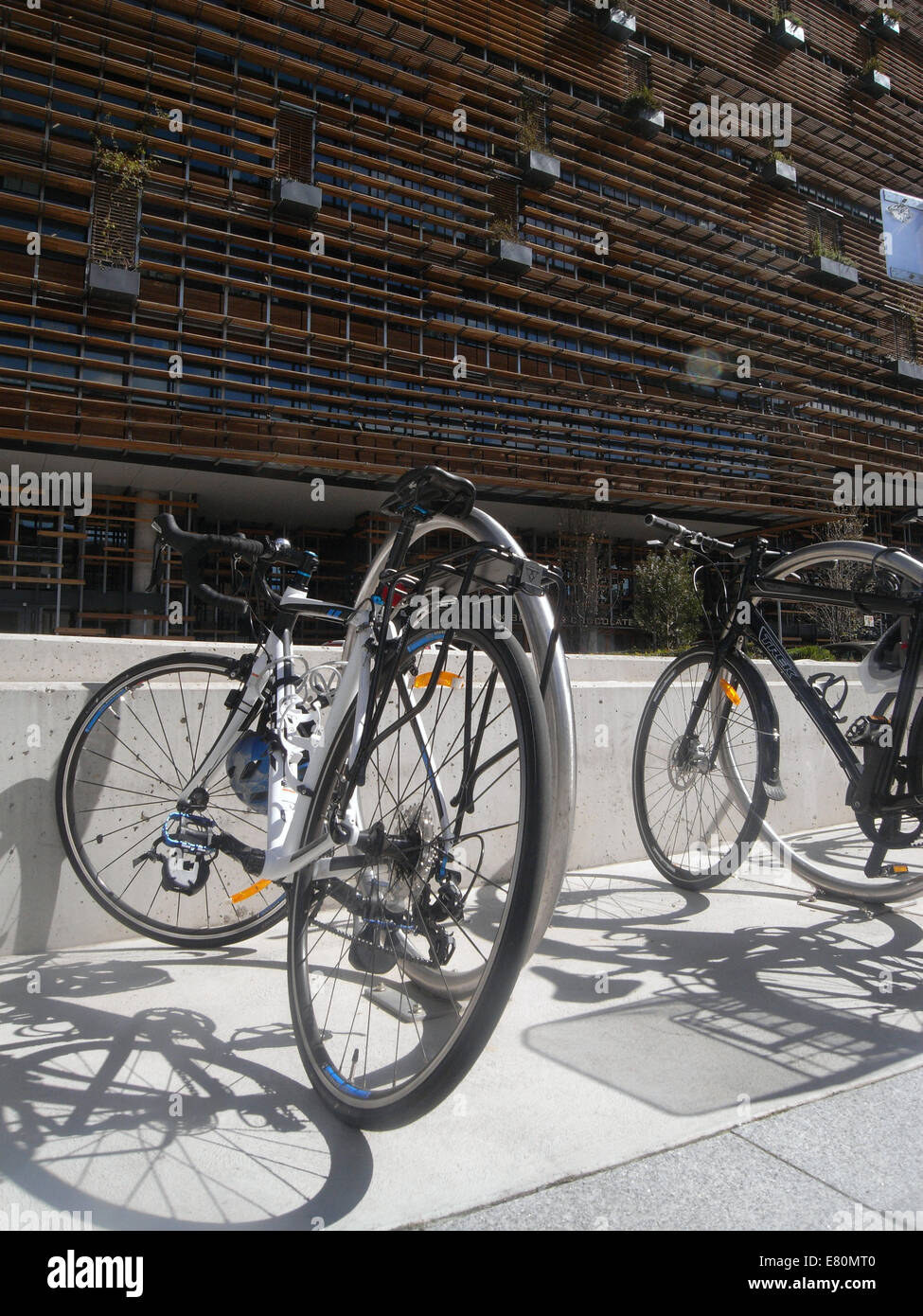 Le biciclette parcheggiate fuori il nuovo ambientalmente sostenibile edificio Nishi, NewActon, Canberra, ACT, Australia. N. PR Foto Stock