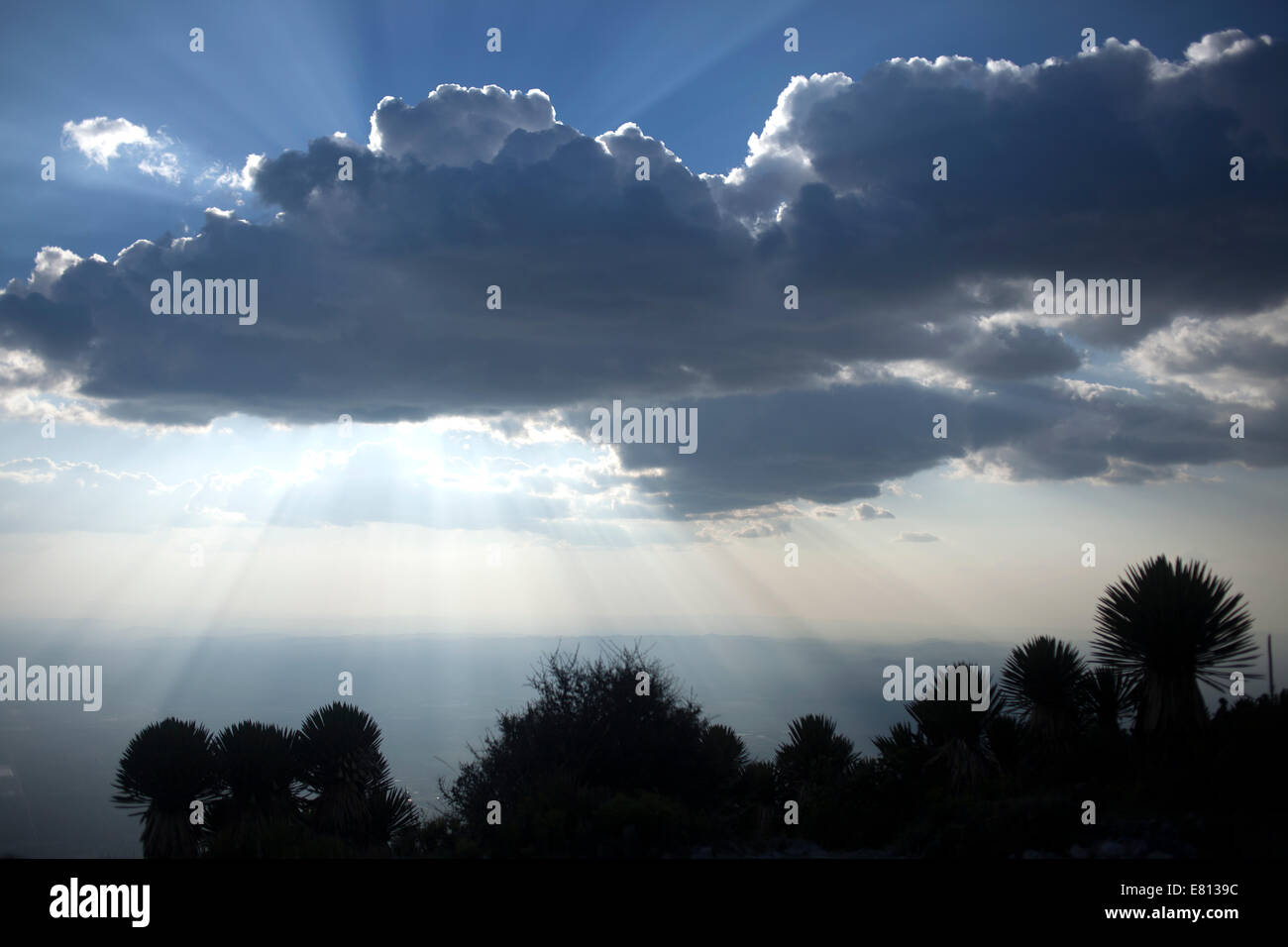 Set di sole oltre il Cerro Quemado montagna in Wirikuta, Real de Catorce, San Luis Potosi Foto Stock