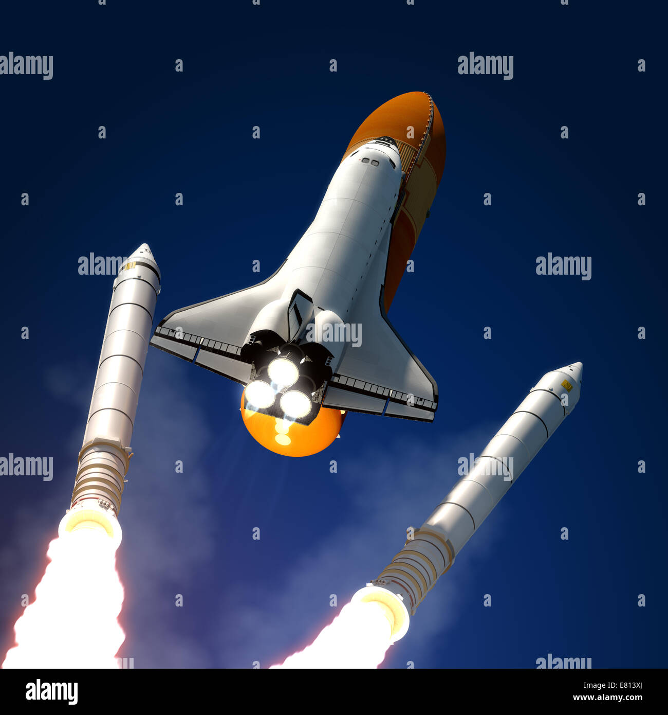 Space Shuttle a razzo a propellente solido Buster staccato. Scena 3d. Foto Stock