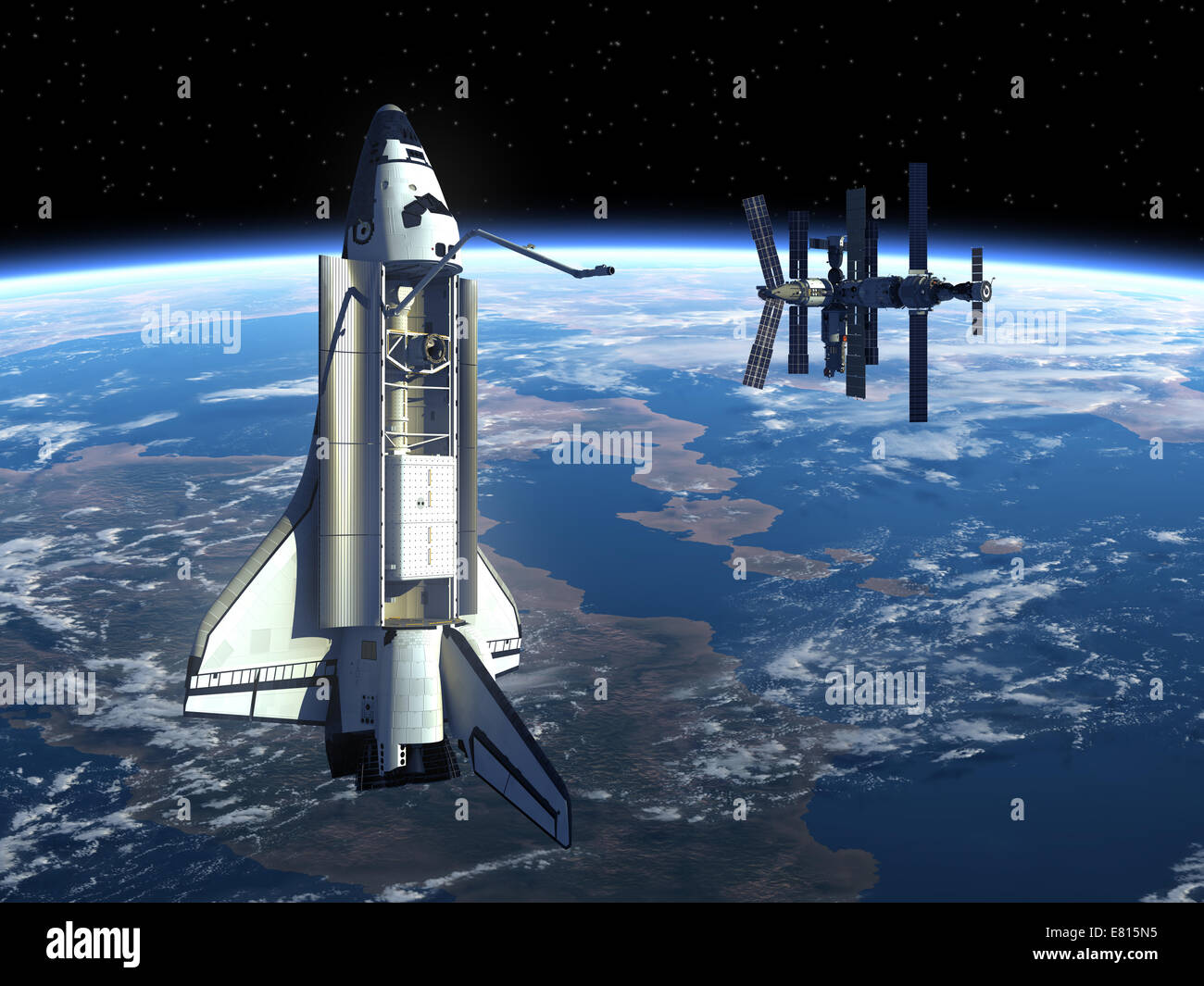 Stazione di spazio e lo Space Shuttle. Scena 3d. Foto Stock