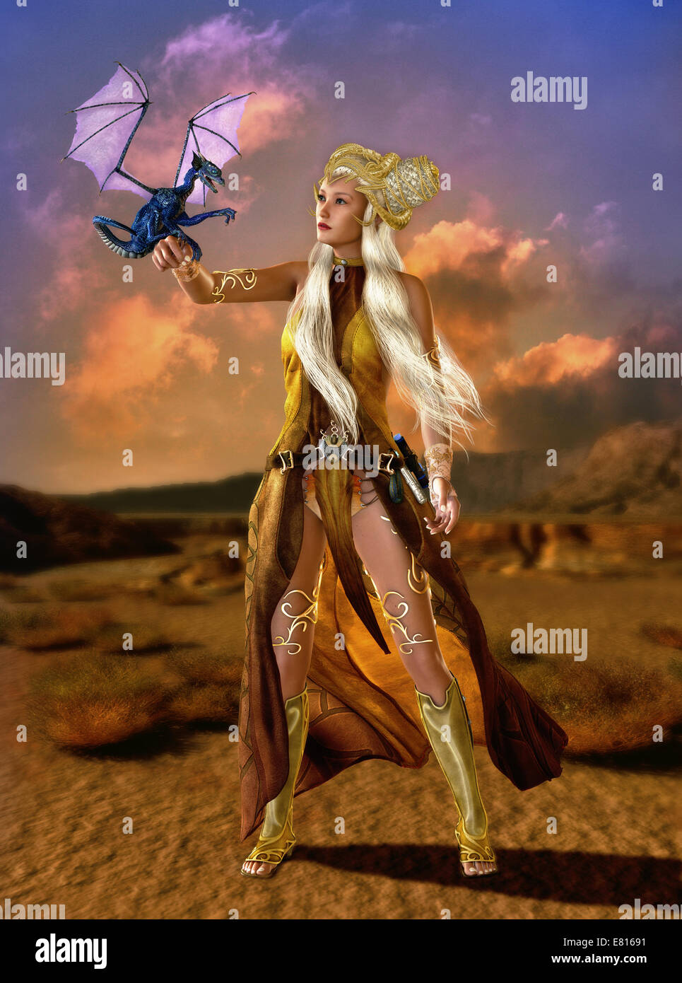 Lady con fantasia i capelli e vestiti di fantasia con un drago cub sul braccio Foto Stock