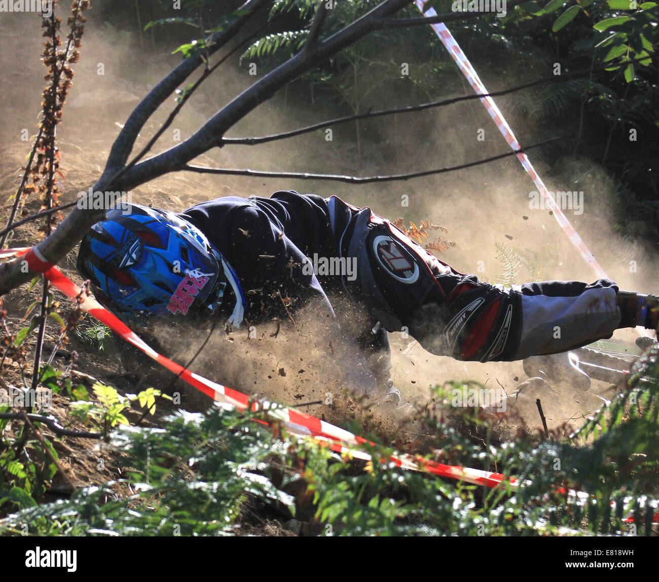 Downhill mountain biker in crash Foto Stock