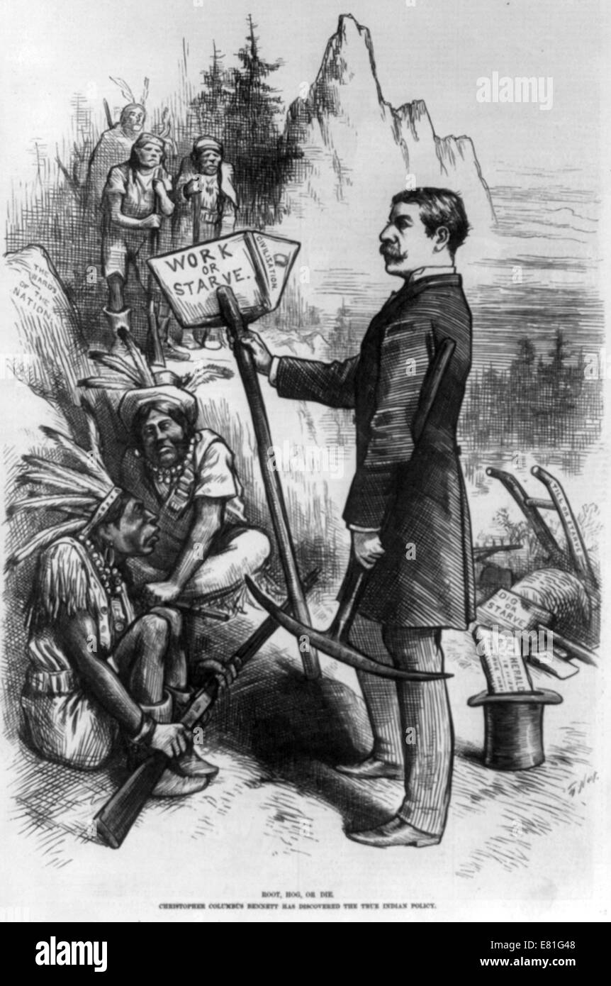 Thomas Nast (1840-1902) cartoon mostra James Gordon Bennett, editore di N.Y. Herald raccontando gli indiani armati di "lavorare o morire di fame". Foto Stock