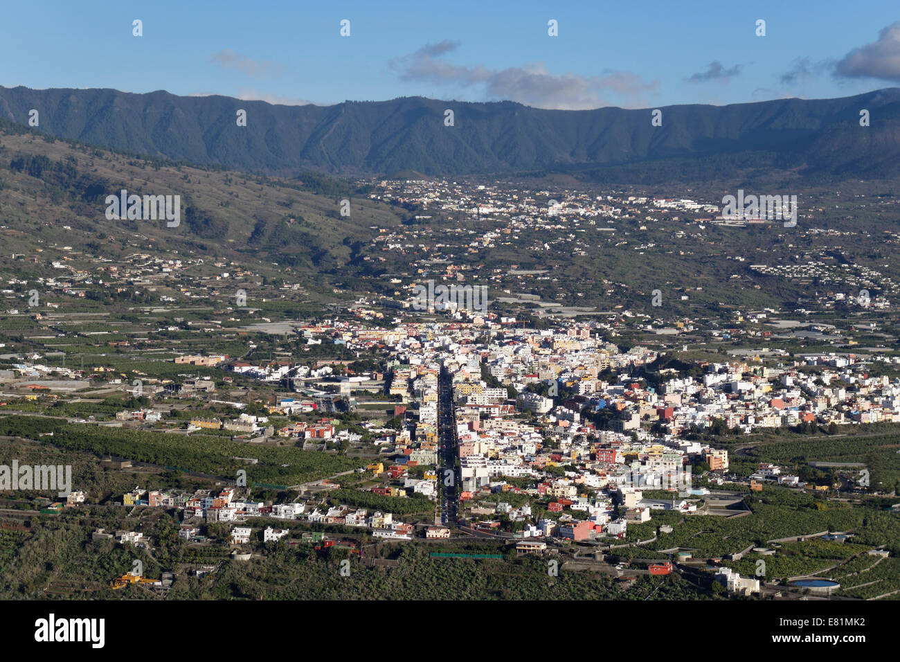 Città di Los Llanos de Aridane e El Paso, vista dal Mirador del tempo o El tempo, la Palma Isole Canarie Spagna Foto Stock