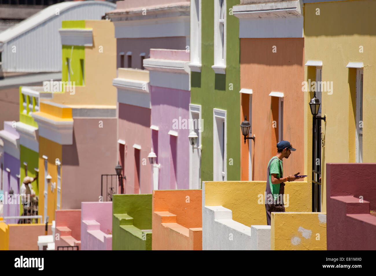 Tipiche case colorate nel distretto di Cape Malay Bo-Kaap, Cape Town, Western Cape, Sud Africa Foto Stock