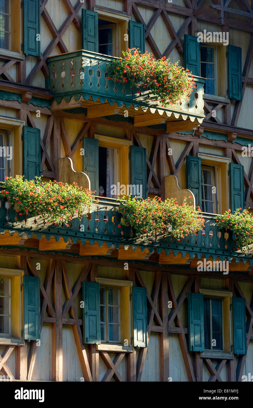 Il balcone di ogni camera, fioriere di gerani (Pelargonium sp.), Schlosshotel Linderhof, Schloss Linderhof Palace, Alta Baviera Foto Stock