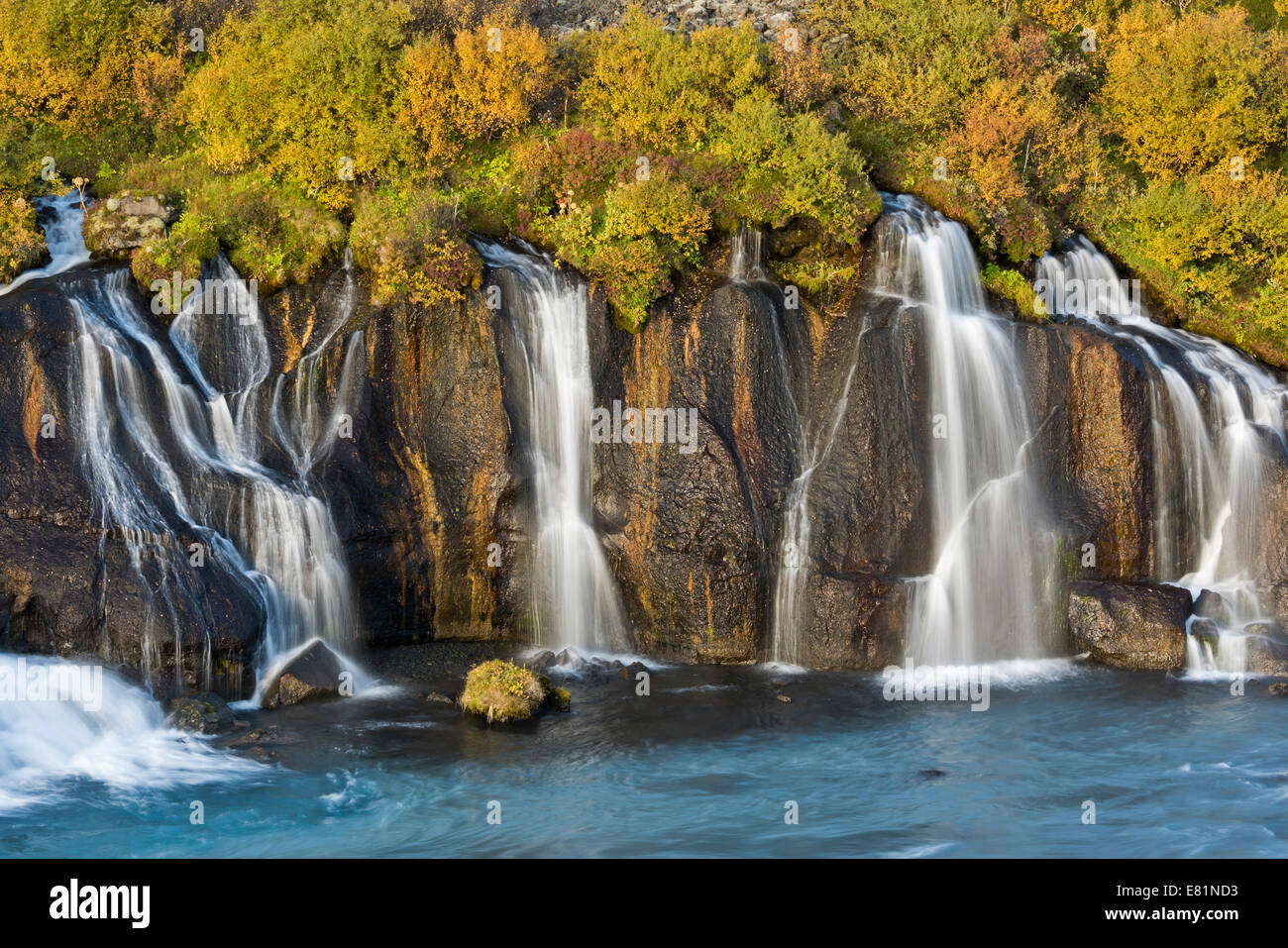 Hraunfossar, cascate del fiume Hvítá in autunno, vicino Húsafell e Reykholt, Islanda Foto Stock