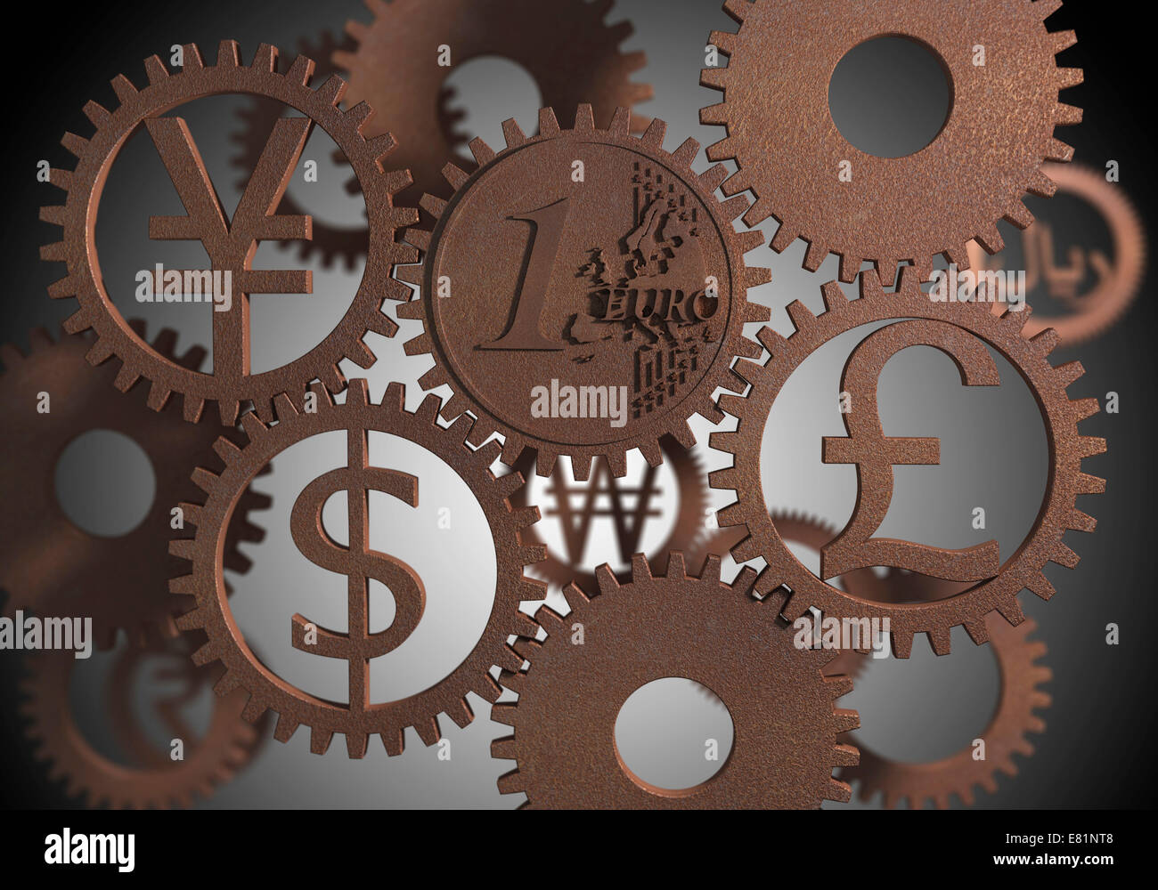 Vari simboli di valuta, cog ruote, illustrazione Foto Stock