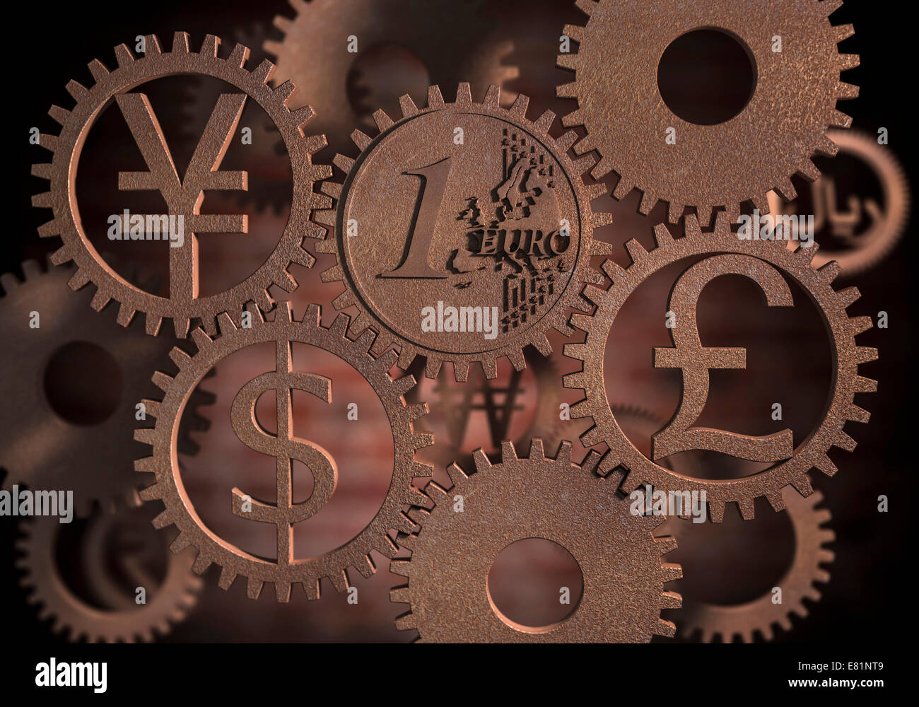 Vari simboli di valuta, cog ruote, illustrazione Foto Stock