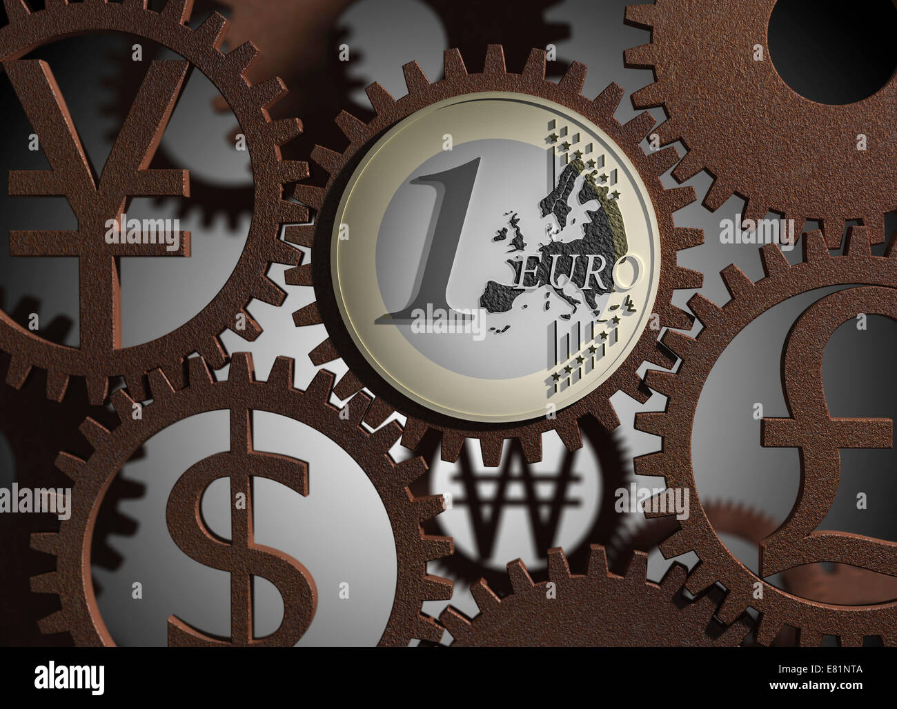 Euro moneta, vari simboli di valuta, cog ruote, illustrazione Foto Stock
