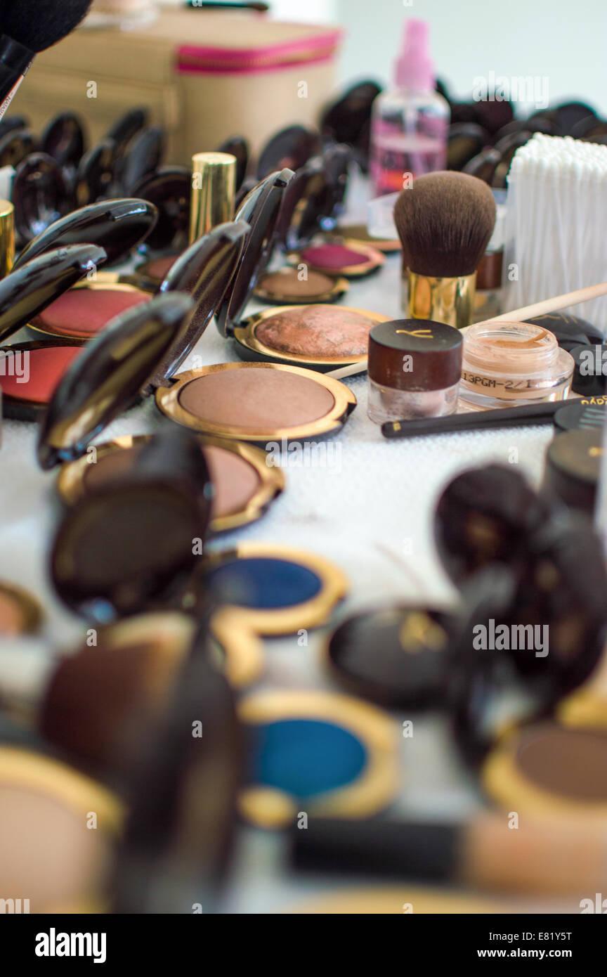 Make-up artist il sacco con una varietà di make-up pennelli e colori Foto Stock