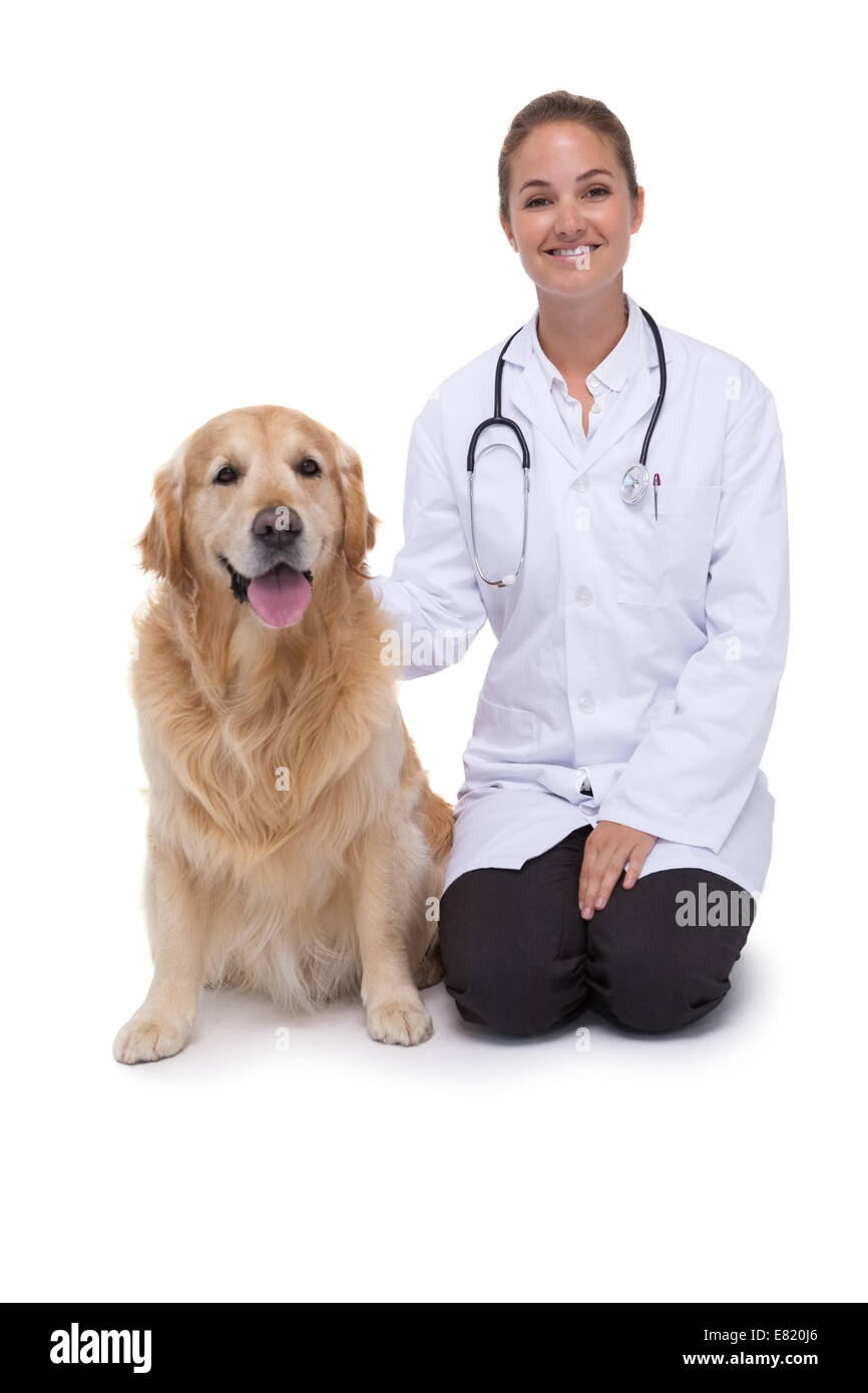 Vet inginocchiato accanto a un cane Foto Stock