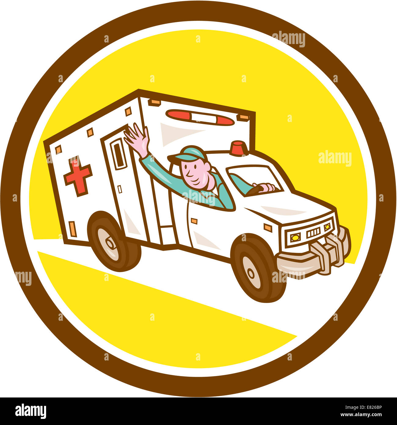 Illustrazione di una ambulanza veicolo d'emergenza che viaggiano su strada e lavoratore di emergenza conducente sventolare insieme all'interno di forma circolare su sfondo isolato fatto in stile cartoon. Foto Stock