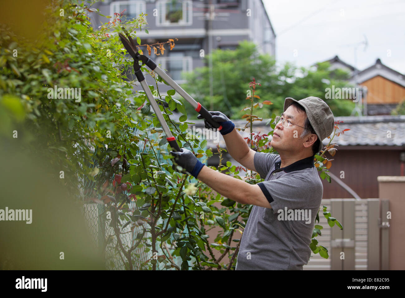 Un uomo che lavora nel suo giardino. Foto Stock