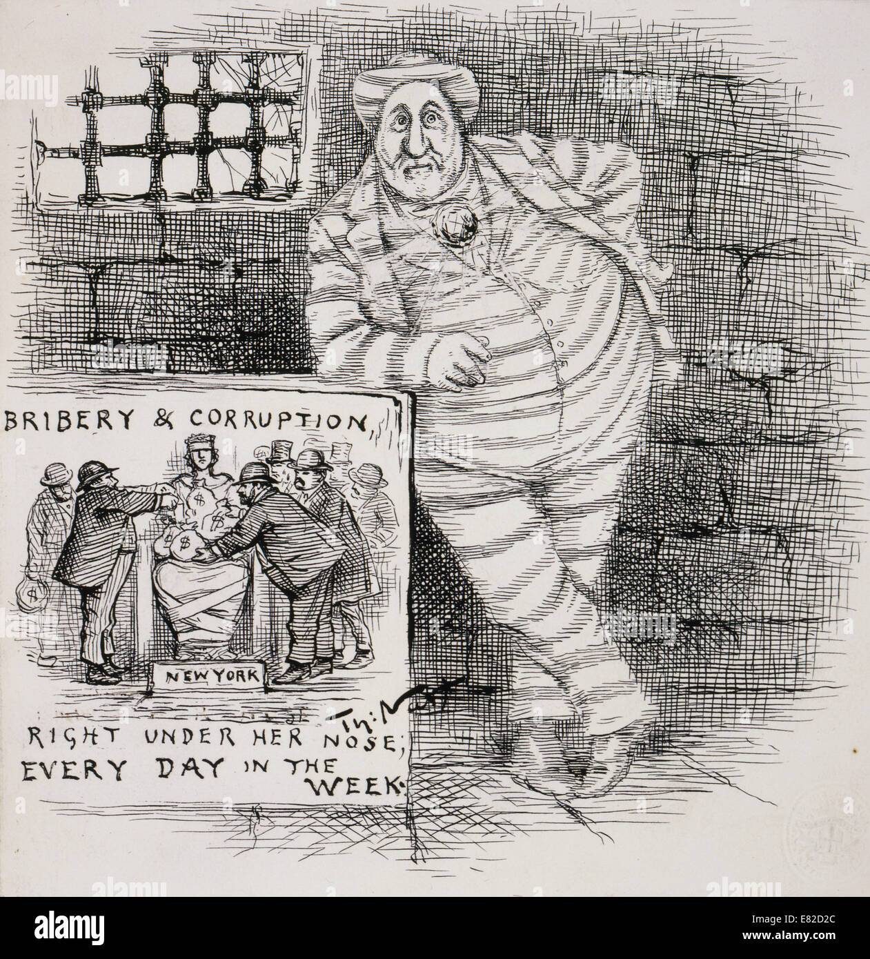 Thomas Nast (1840-1902) politici cartoon raffiguranti William Marcy 'Boss' Tweed in piedi in prigione Foto Stock