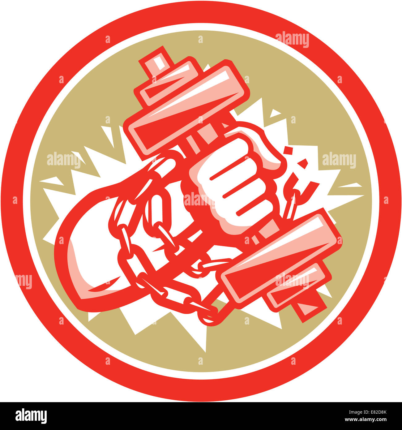 Immagine di una mano che regge il sollevamento di pesi peso con un set di catene all'interno del cerchio fatto in stile retrò. Foto Stock