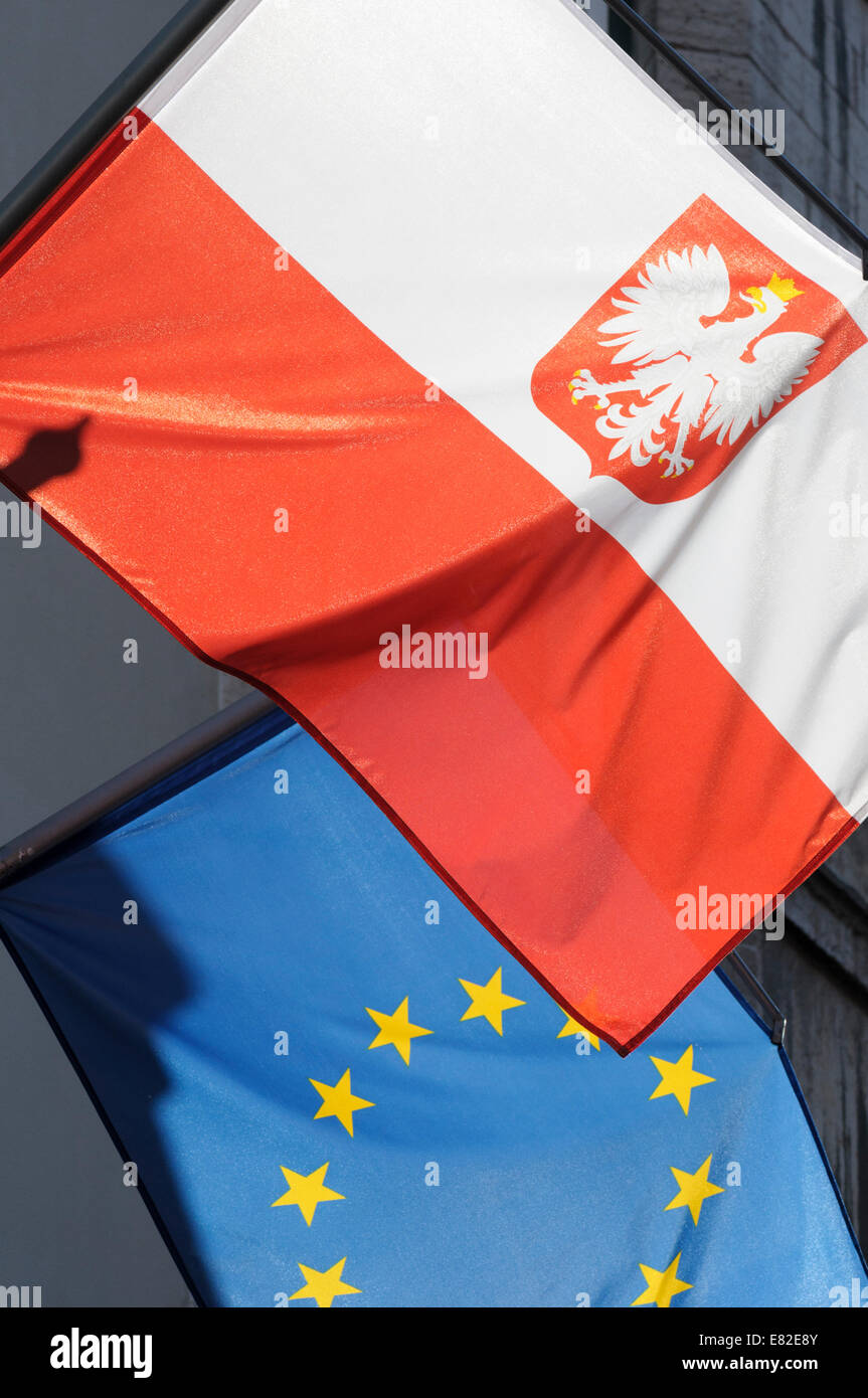 Estonia, Tallinn. La Polonia e l'Unione europea bandiere si sovrappongono come essi volare da pennoni su un negozio di Tallinn. Foto Stock
