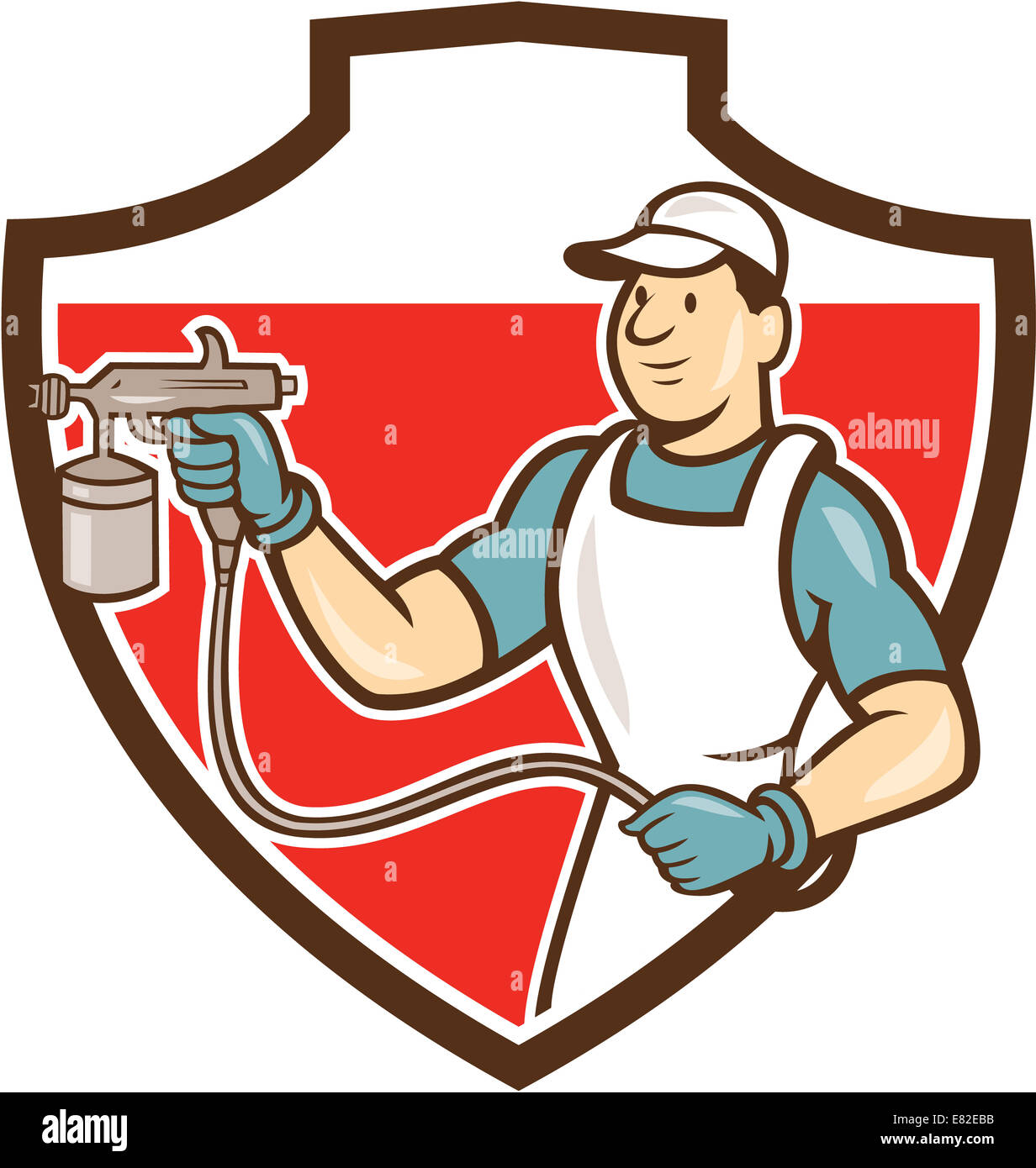 Illustrazione del pittore azienda pistola di verniciatura a spruzzo la spruzzatura guardando al lato impostato all'interno della protezione crest fatto in stile cartoon. Foto Stock