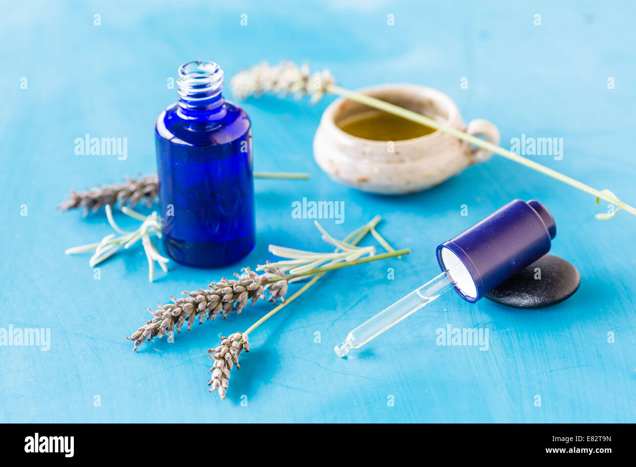 Olio essenziale di lavanda (Lavandula sp. ) Foto Stock