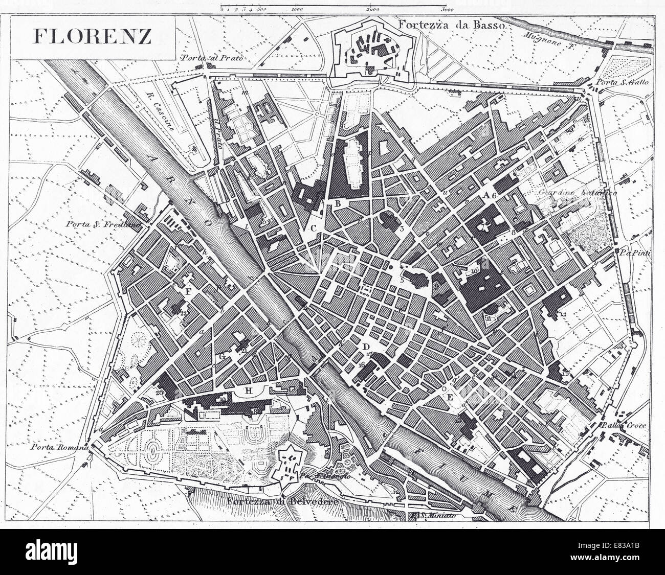 Le illustrazioni incise della mappa di Firenze,Italia da enciclopedia iconografico della scienza, letteratura e arte, circa 1851 Foto Stock