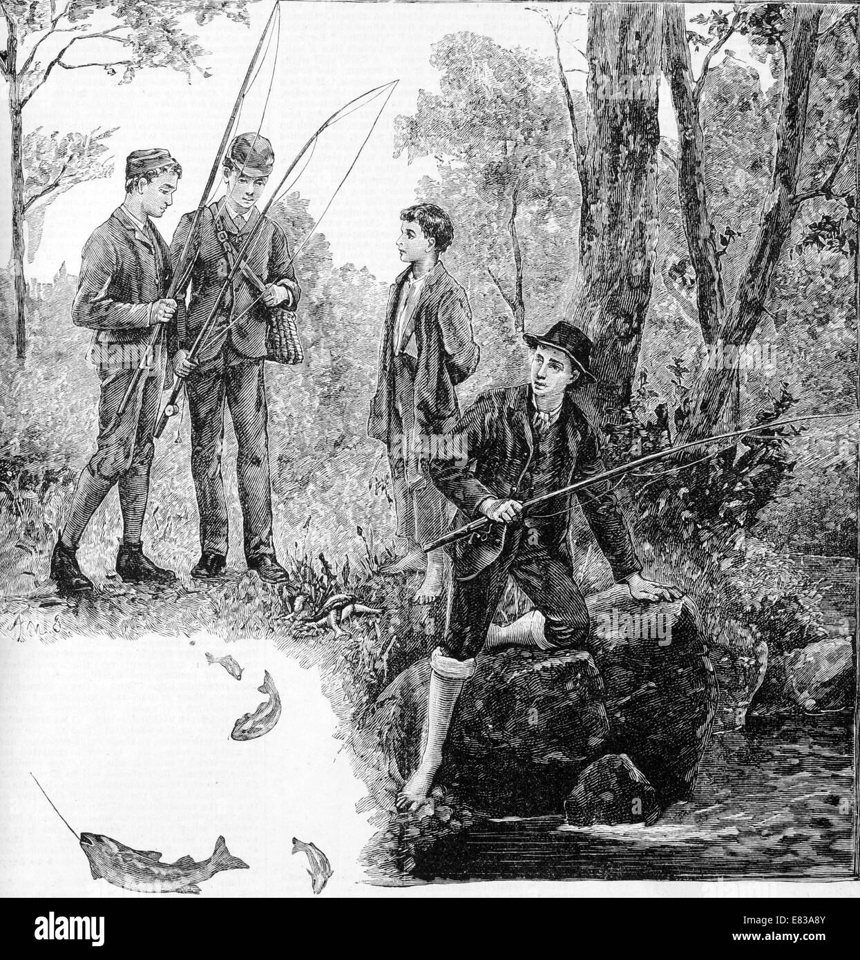 Pesca di trote a Mosca fiume asta streamn circa 1885 Foto Stock Pesca di trote a Mosca fiume asta streamn circa 1885 Foto Stock