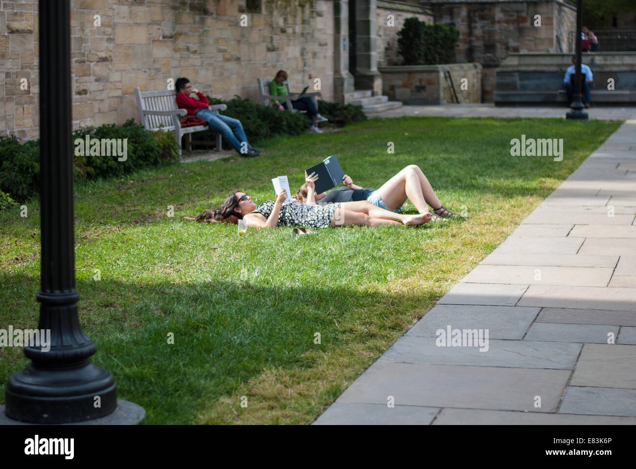 Agli studenti di godere del caldo sole sul prato della Yale University a New Haven, Connecticut, Stati Uniti d'America Foto Stock