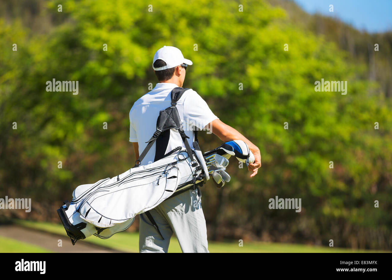 Golfista con borsa da golf percorrendo a piedi il corso Foto Stock