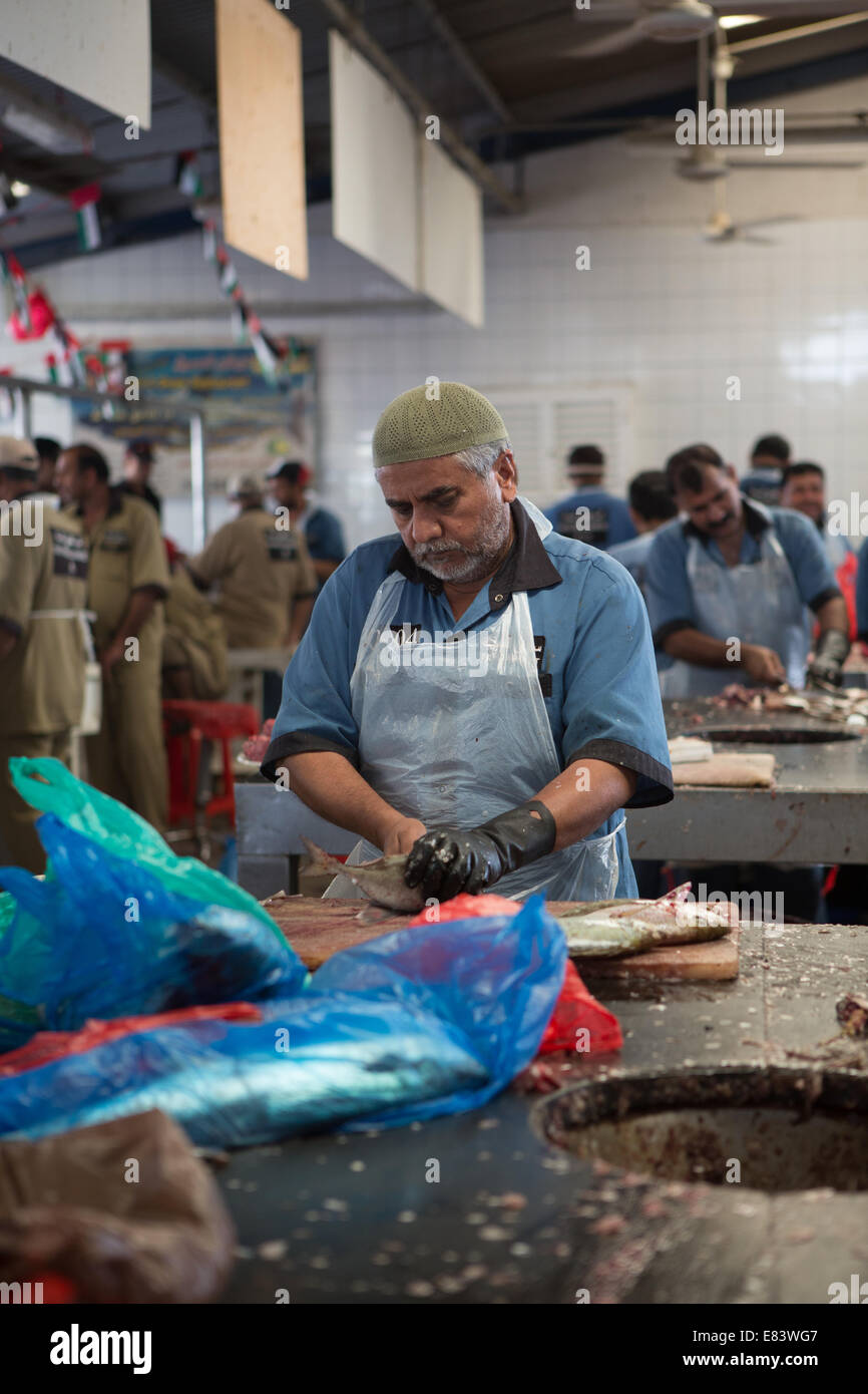 Una mezza età fish monger eviscerazione del pesce in Deira Mercato del Pesce, Dubai, Emirati Arabi Uniti. Foto Stock