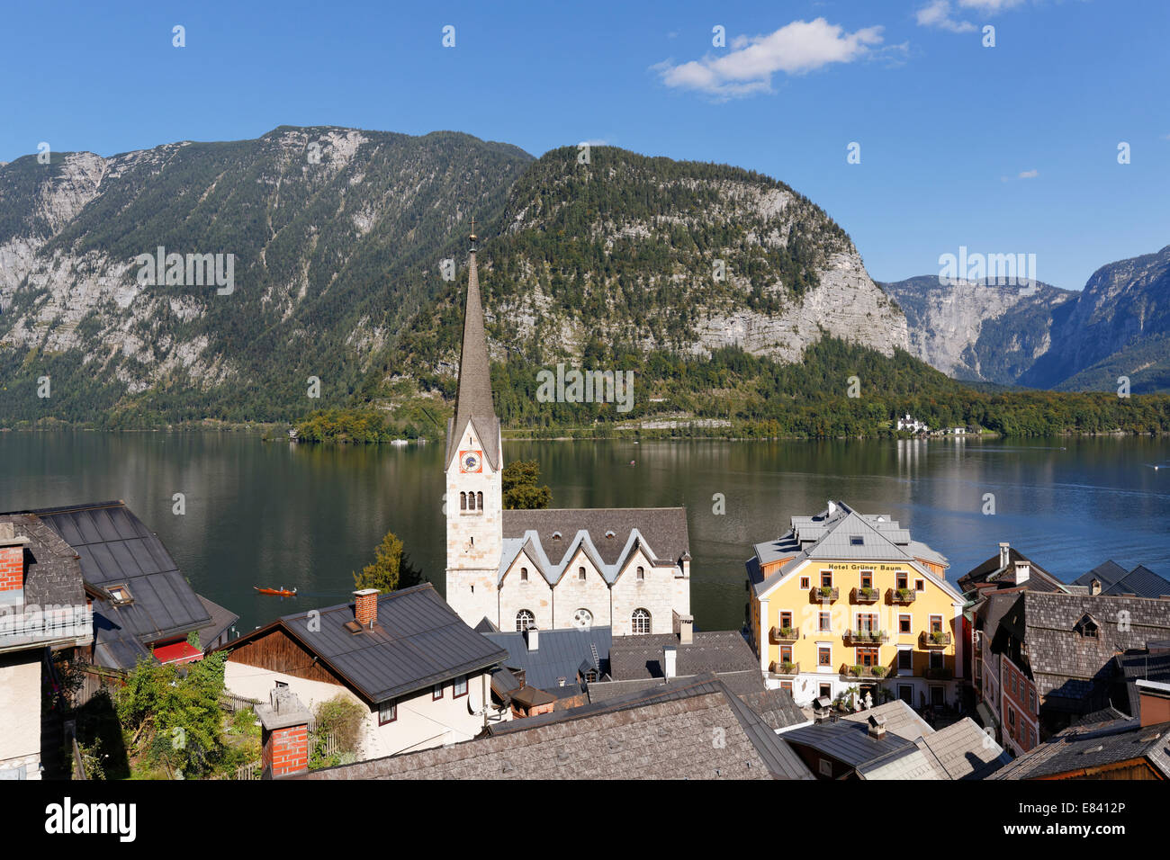 Hallstatt, lago Hallstatt o Hallstätter vedere, Salzkammergut, UNESCO - Sito Patrimonio dell'Umanità Hallstatt- Dachstein Salzkammergut Foto Stock
