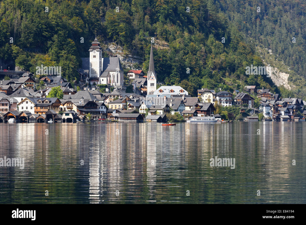 Lago Hallstatt o Hallstätter vedere, Hallstatt, Salzkammergut, UNESCO - Sito Patrimonio dell'Umanità Hallstatt- Dachstein Salzkammergut Foto Stock
