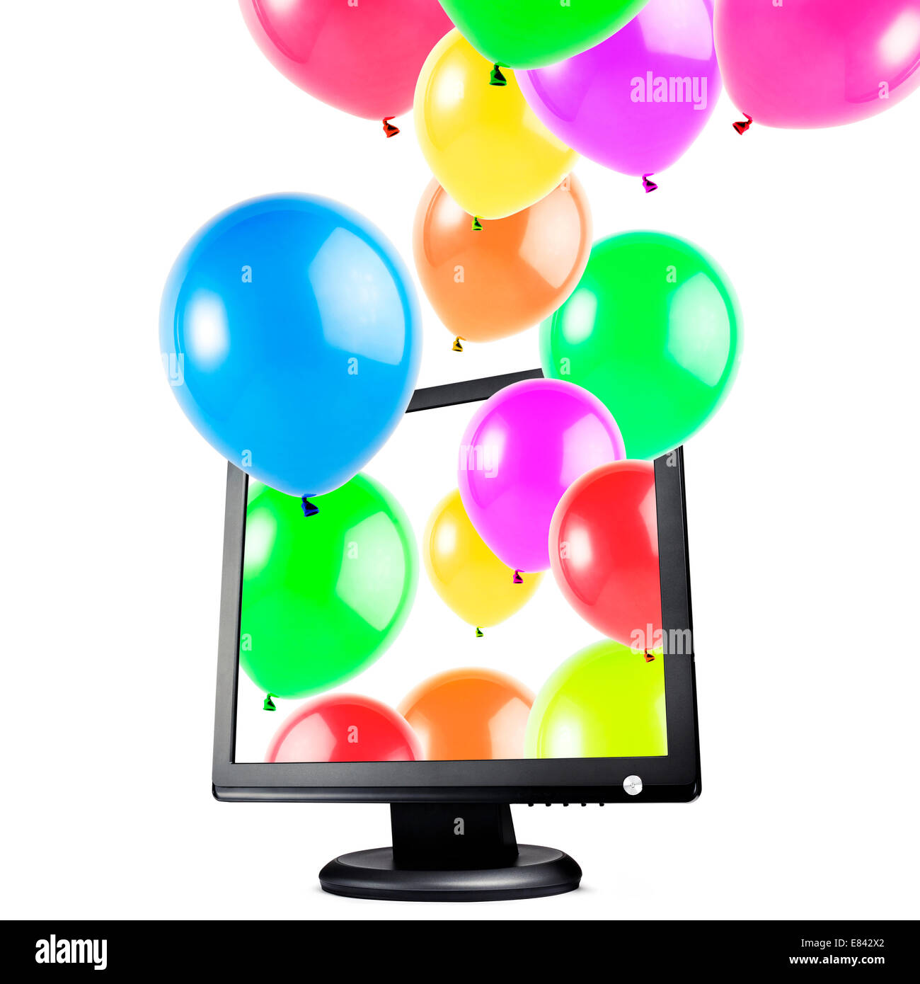 Palloncini colorati fuori dal monitor, isolato su bianco Foto Stock