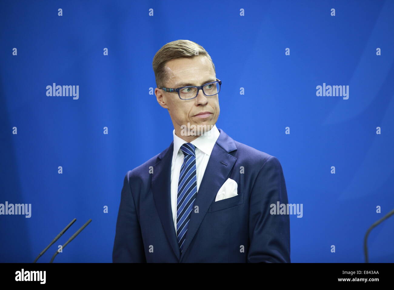 Berlino, Germania. 29 Settembre, 2014. Il primo ministro finlandese Alexander Stubb durante la conferenza stampa Cancelleria federale. Credito: Simone Kuhlmey/Pacific Press/Alamy Live News Foto Stock