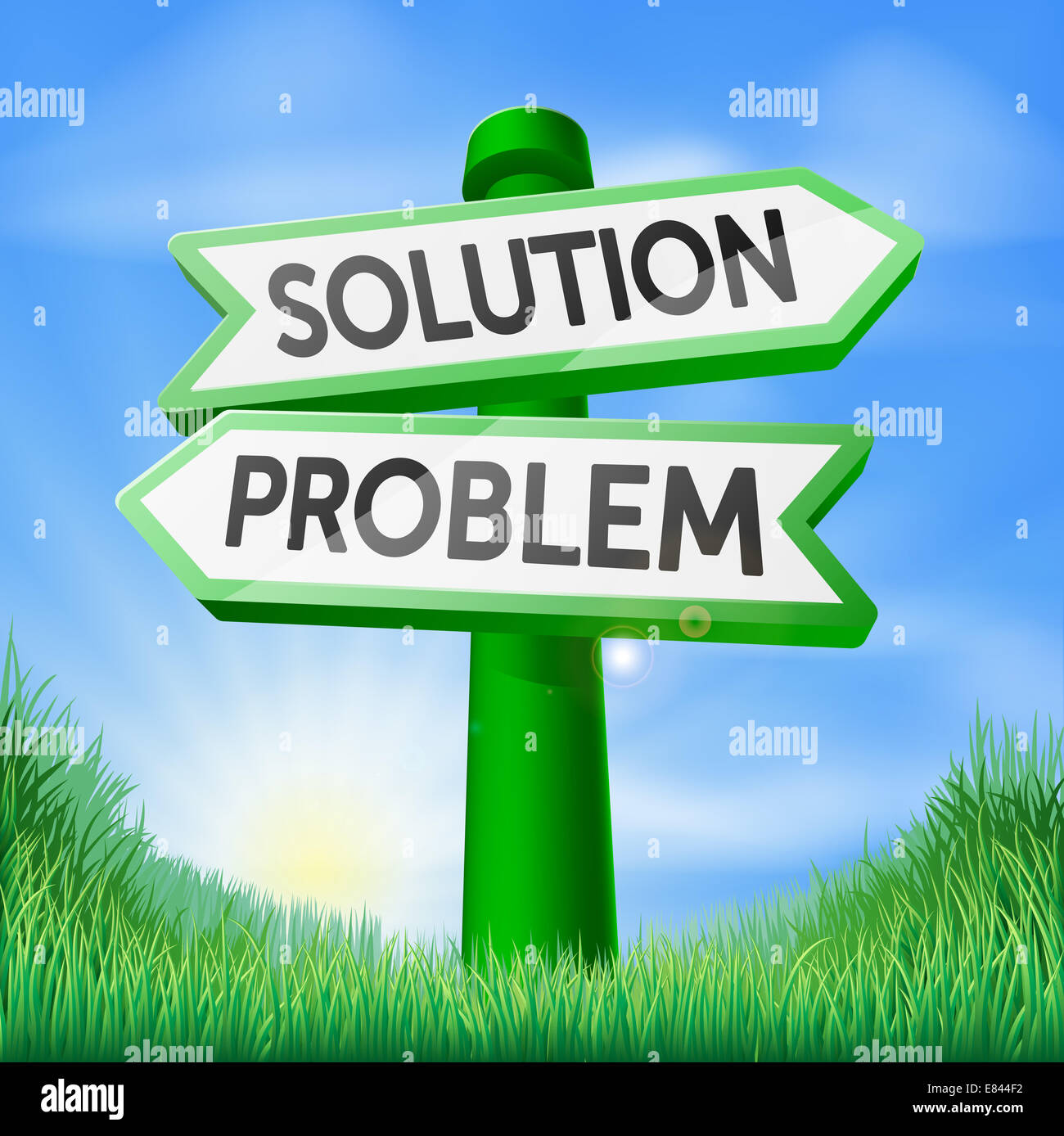 Soluzione problema concetto segno di un segno di direzione in un campo rivolto un modo al problema e uno alla soluzione Foto Stock