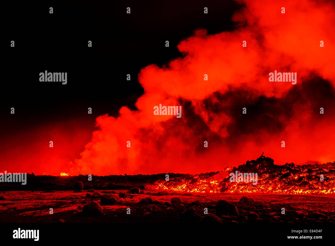 Lava e pennacchi dal Holuhraun eruzione fissurale, dal vulcano Bardarbunga, Islanda. Foto Stock