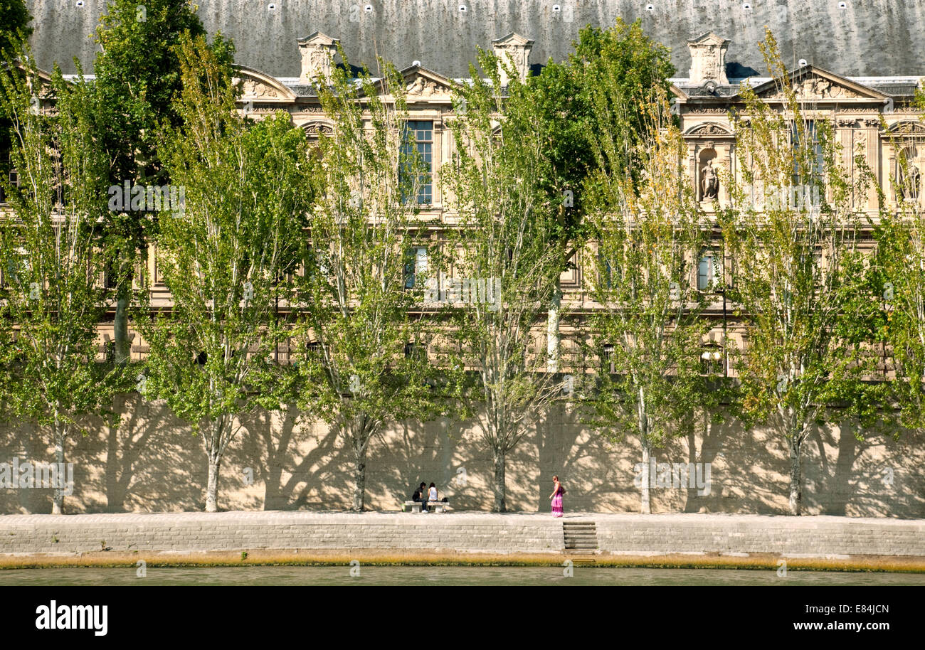 Edifici e alberi sulla riva del fiume Senna, Quai D'Orsay, Parigi Francia Europa Foto Stock