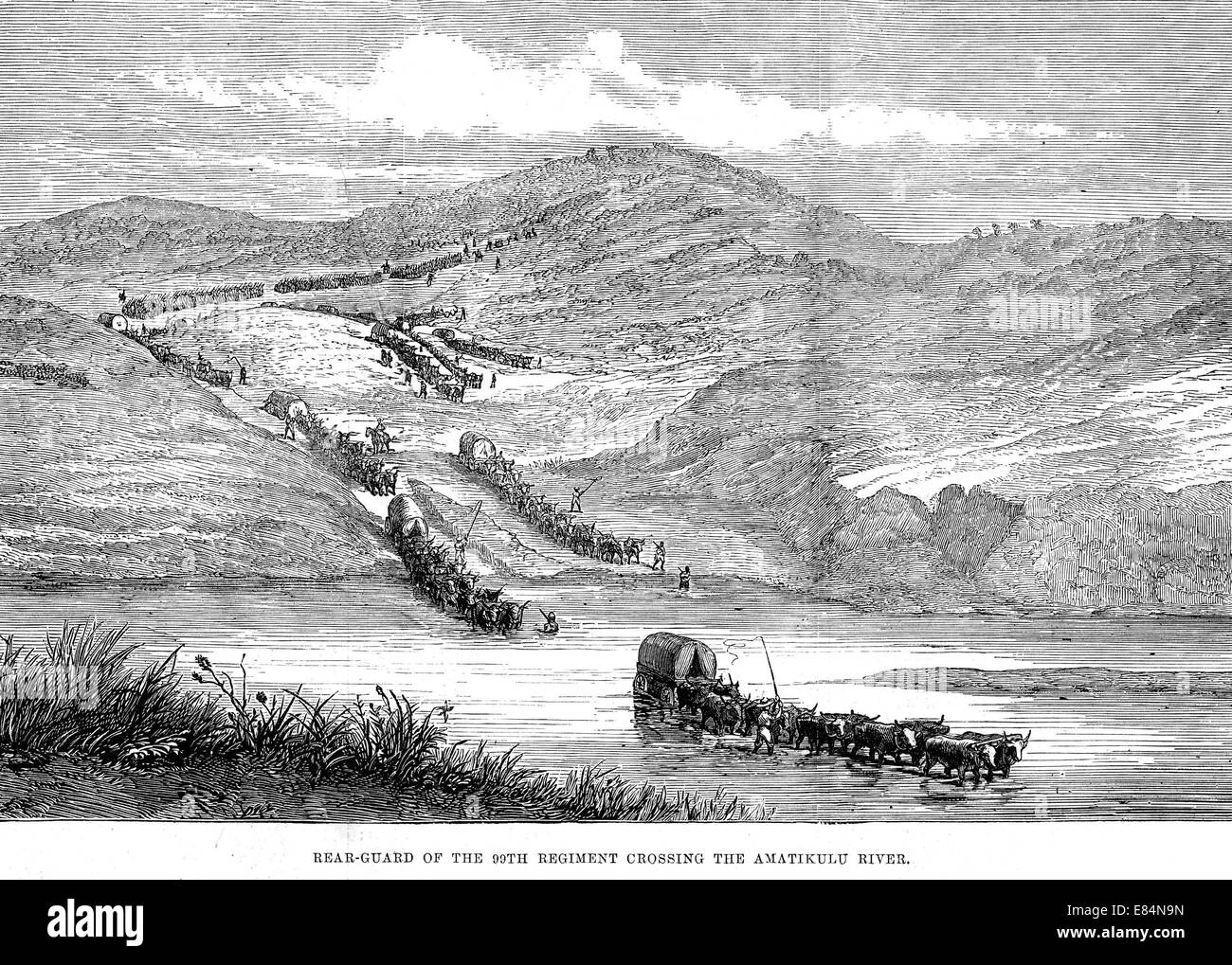Guerra ZULU 1879 Retro-guardia della 99th reggimento attraversare il fiume Amatikulu come mostrato in th Illustrated London News il 16 agosto 1879 Foto Stock