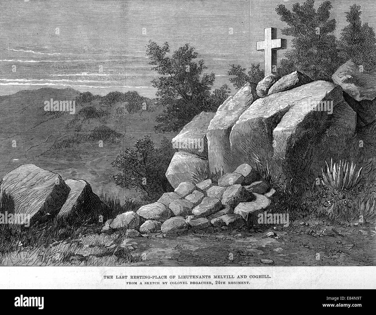 Guerra ZULU 1879 luogo di sepoltura di Lt Teignmouth Melvill VC e Lt Neville Coghill VC - vedere la descrizione riportata di seguito Foto Stock